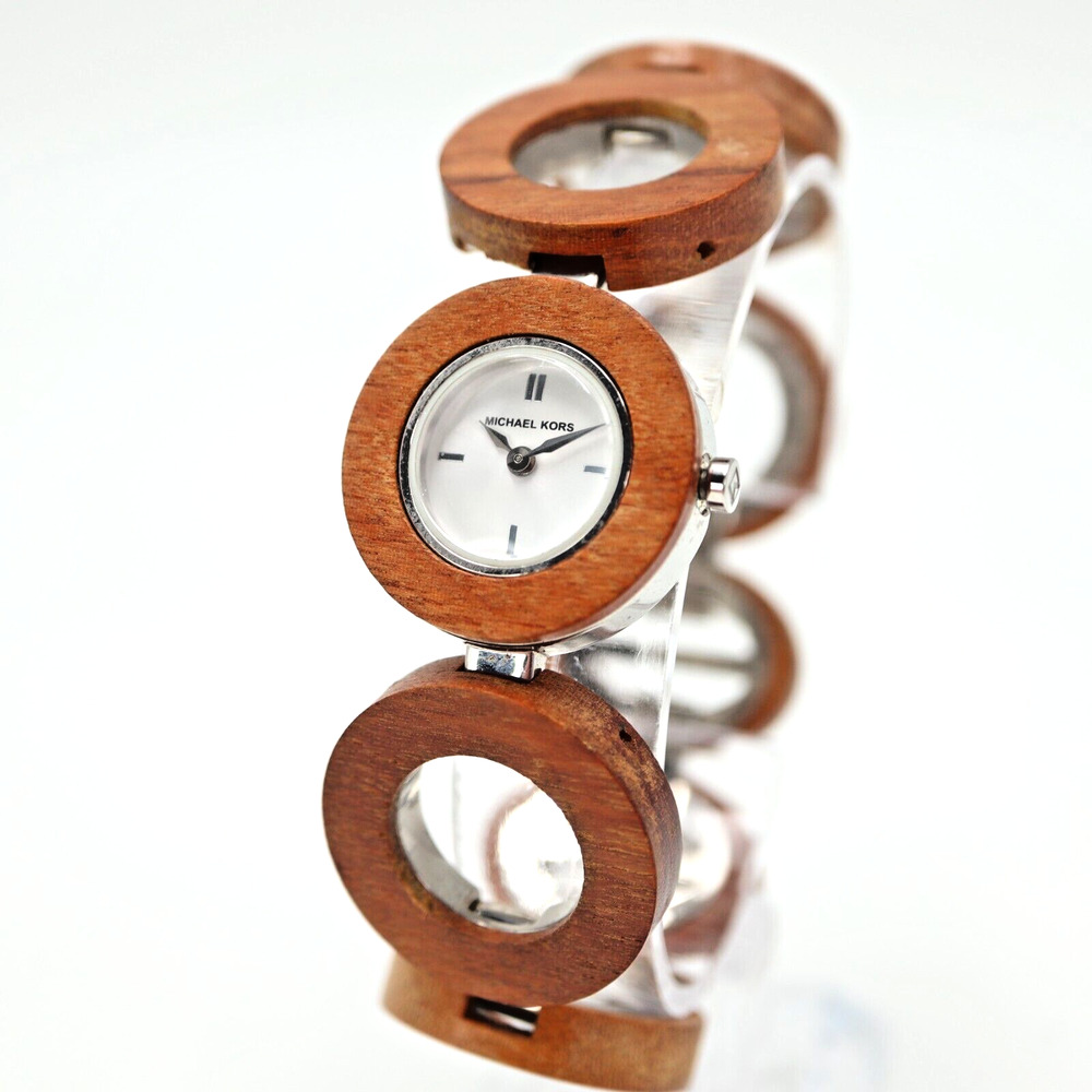 Michael Kors Womens Watch 25mm Wood Circle Ring Bracelet w New Battery